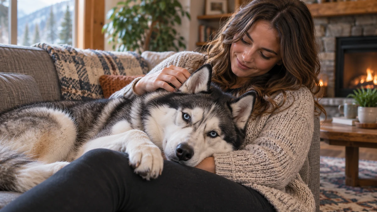 Sibirya Kurdu Husky köpek — sahibinin kucağında