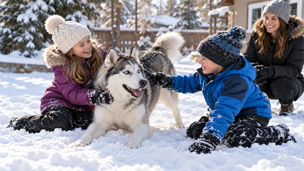 Sibirya Kurdu Husky köpek — çocuklarla oyun