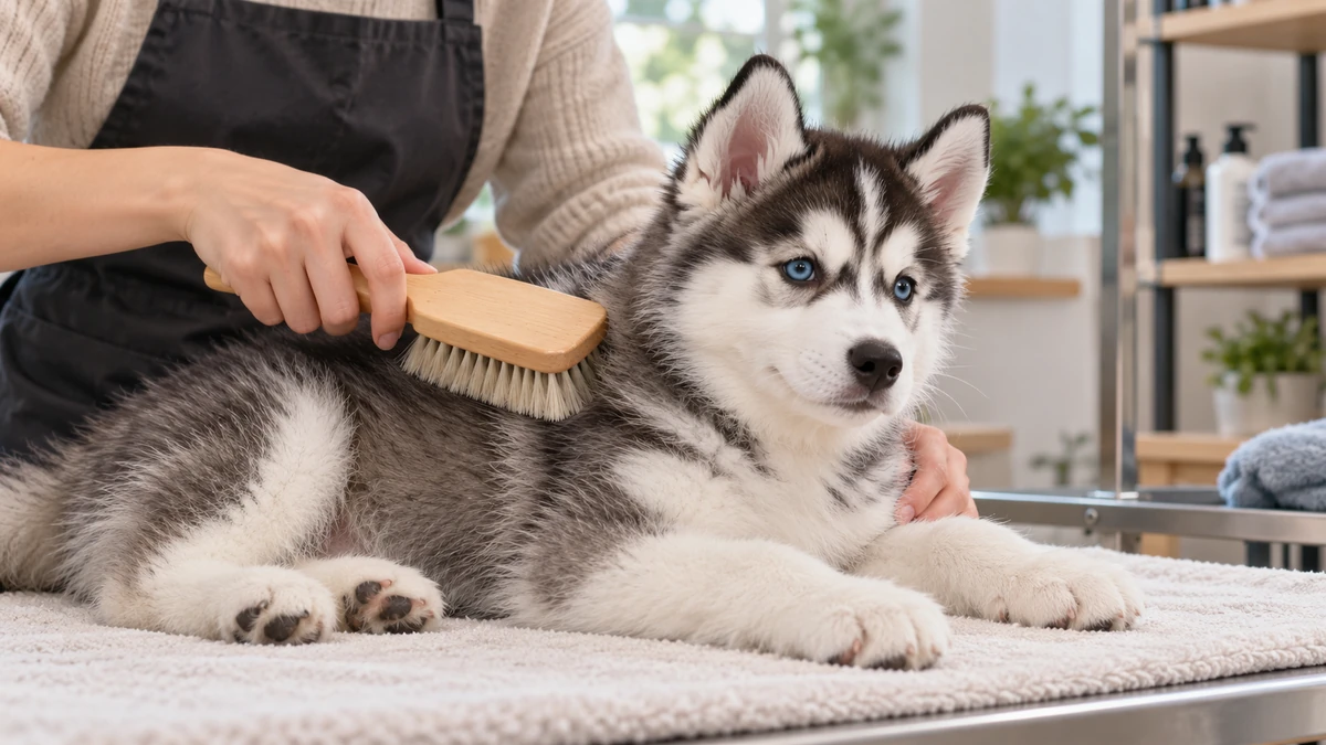 Sibirya Kurdu Husky yavru köpek — tüy bakımı ve fırçalama