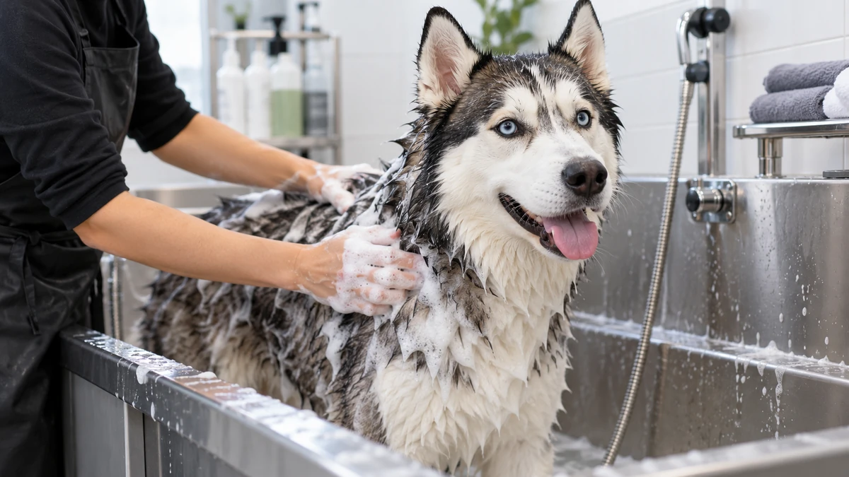 Sibirya Kurdu Husky köpek — banyo ve temizlik