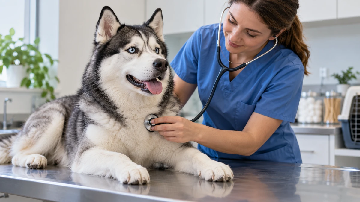 Sibirya Kurdu Husky köpek — veteriner kontrolü